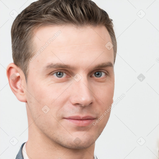 Neutral white young-adult male with short  brown hair and grey eyes