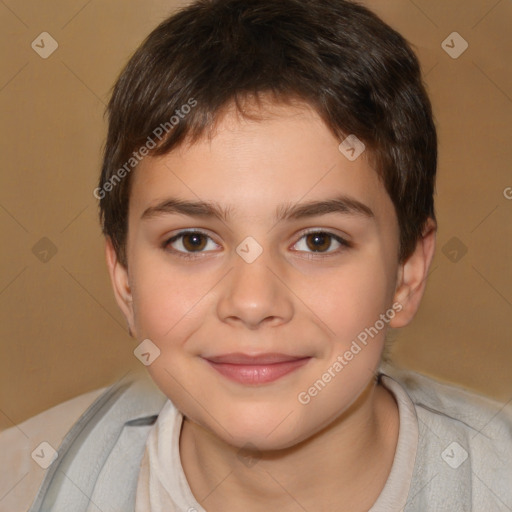 Joyful white child male with short  brown hair and brown eyes