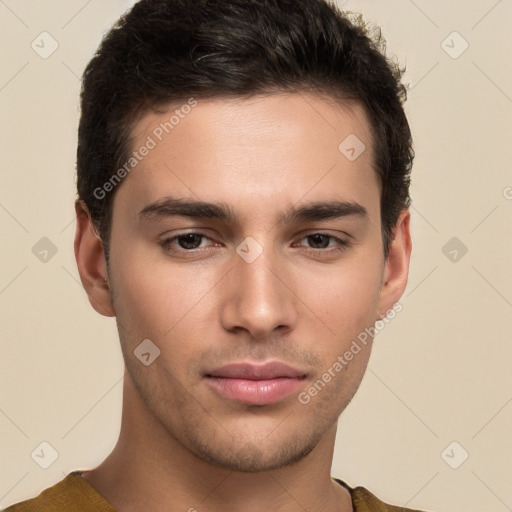 Neutral white young-adult male with short  brown hair and brown eyes