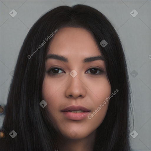 Neutral asian young-adult female with long  black hair and brown eyes