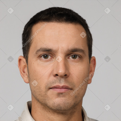 Neutral white adult male with short  brown hair and brown eyes