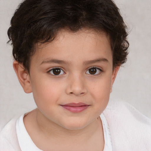 Joyful white child female with short  brown hair and brown eyes