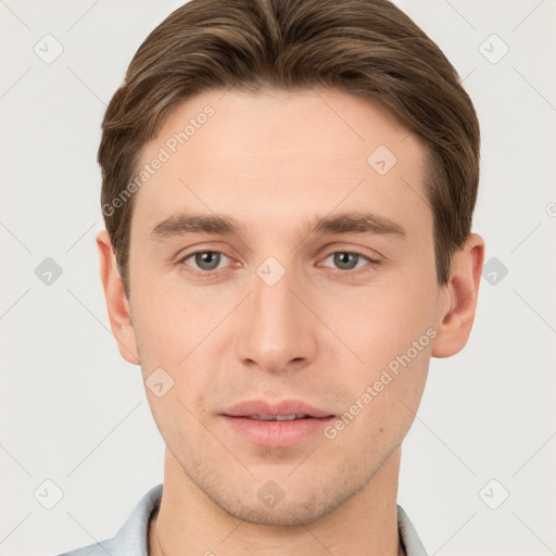 Neutral white young-adult male with short  brown hair and brown eyes