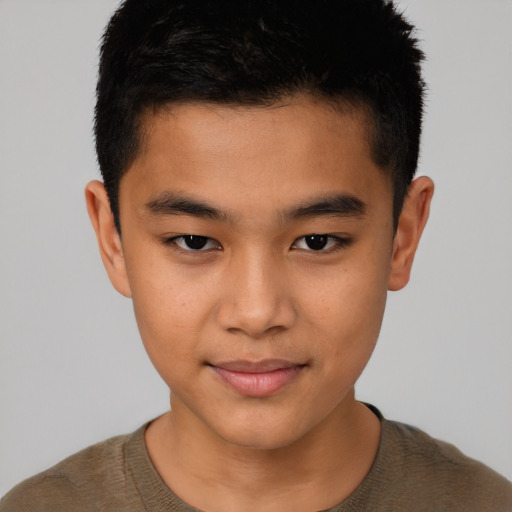 Joyful latino young-adult male with short  brown hair and brown eyes