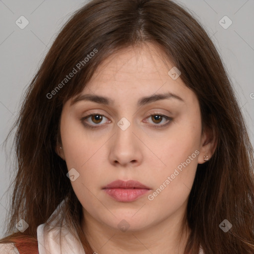 Neutral white young-adult female with medium  brown hair and brown eyes