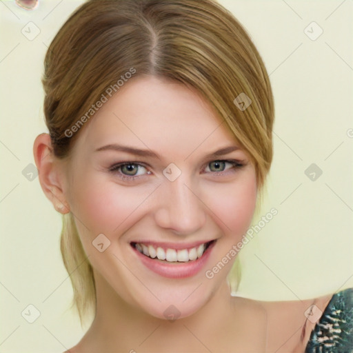 Joyful white young-adult female with medium  brown hair and green eyes