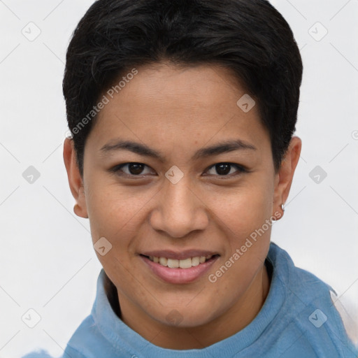 Joyful asian young-adult female with short  brown hair and brown eyes