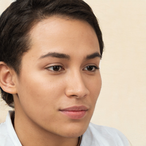 Neutral white young-adult female with short  brown hair and brown eyes