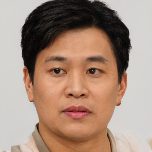 Neutral asian adult male with short  brown hair and brown eyes