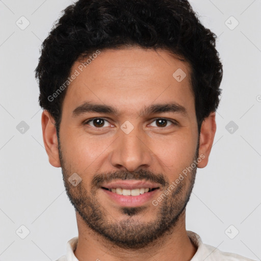 Joyful white young-adult male with short  black hair and brown eyes