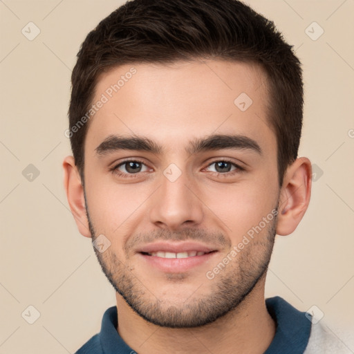 Joyful white young-adult male with short  brown hair and brown eyes