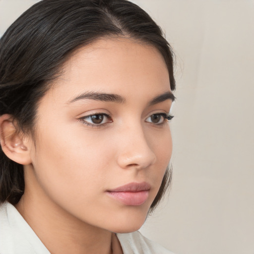 Neutral white young-adult female with medium  brown hair and brown eyes