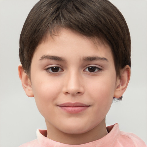 Joyful white child female with short  brown hair and brown eyes