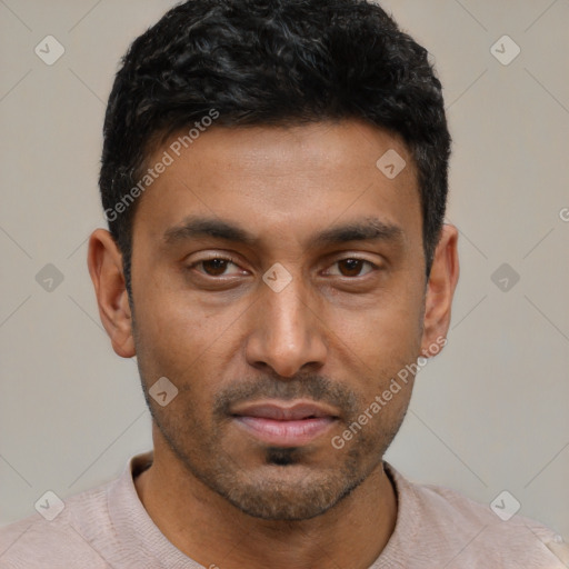 Neutral latino young-adult male with short  black hair and brown eyes