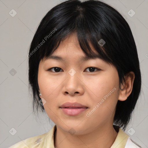 Neutral asian young-adult female with medium  black hair and brown eyes