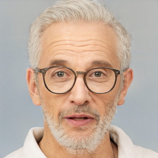 Neutral white middle-aged male with short  gray hair and brown eyes