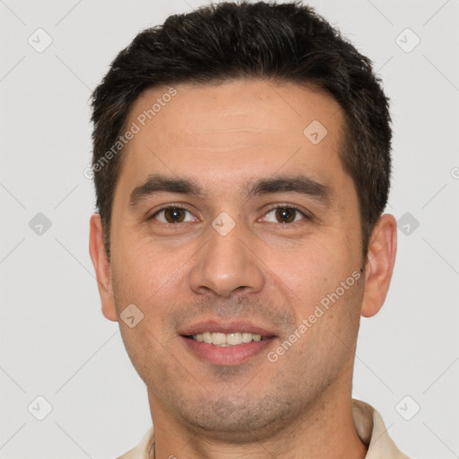 Joyful white young-adult male with short  brown hair and brown eyes