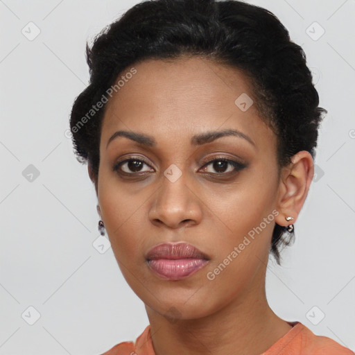 Joyful latino young-adult female with short  black hair and brown eyes