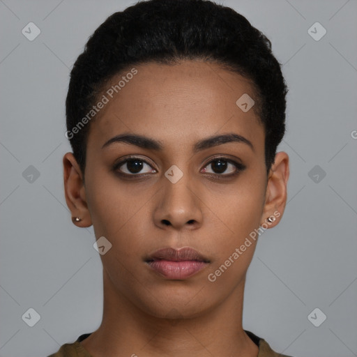 Neutral latino young-adult female with short  black hair and brown eyes