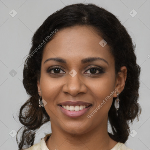 Joyful black young-adult female with medium  brown hair and brown eyes