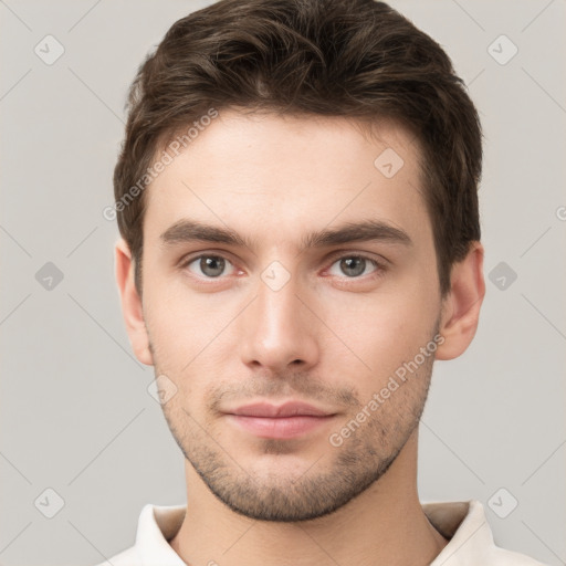 Neutral white young-adult male with short  brown hair and brown eyes