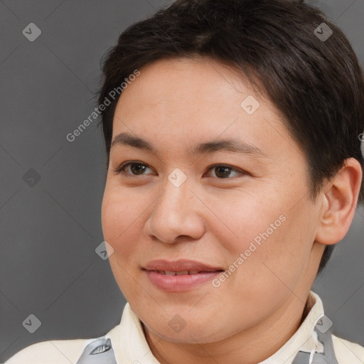 Joyful white adult female with short  brown hair and brown eyes