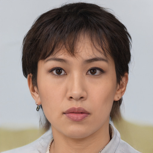 Neutral white young-adult female with medium  brown hair and brown eyes