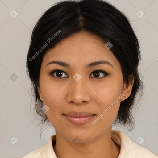 Joyful asian young-adult female with medium  black hair and brown eyes