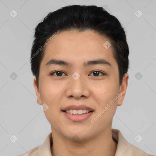 Joyful white young-adult male with short  black hair and brown eyes