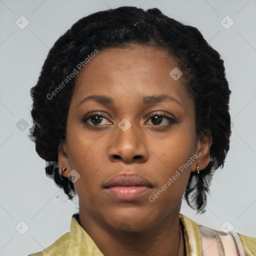 Neutral black young-adult female with medium  black hair and brown eyes