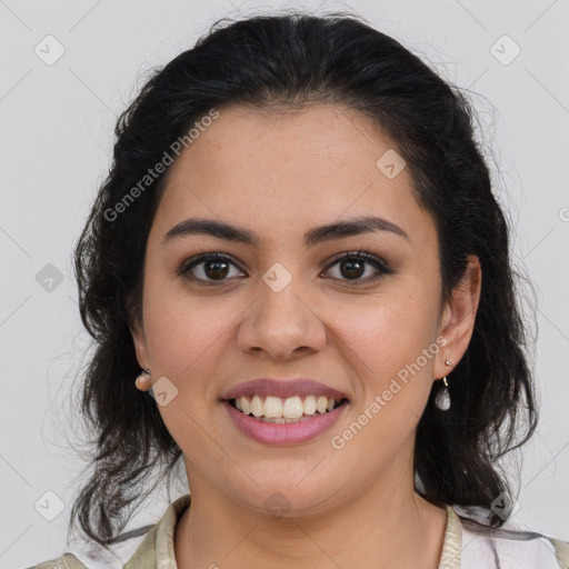 Joyful latino young-adult female with medium  brown hair and brown eyes