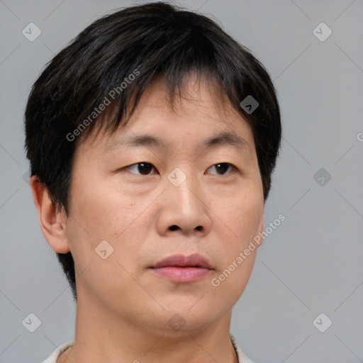 Neutral asian young-adult male with short  brown hair and brown eyes