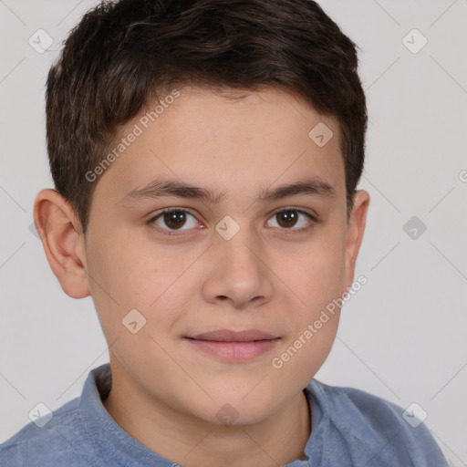 Joyful white child male with short  brown hair and brown eyes