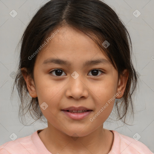 Joyful white child female with medium  brown hair and brown eyes