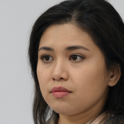 Neutral asian young-adult female with long  brown hair and brown eyes
