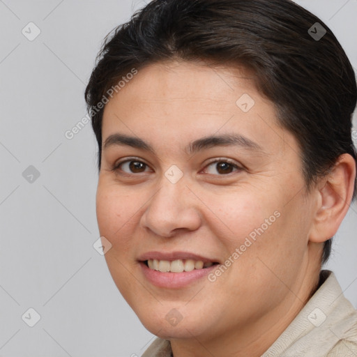 Joyful white young-adult female with short  brown hair and brown eyes