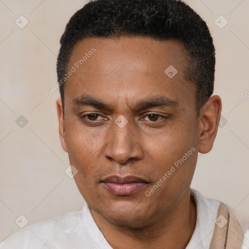 Neutral latino adult male with short  black hair and brown eyes