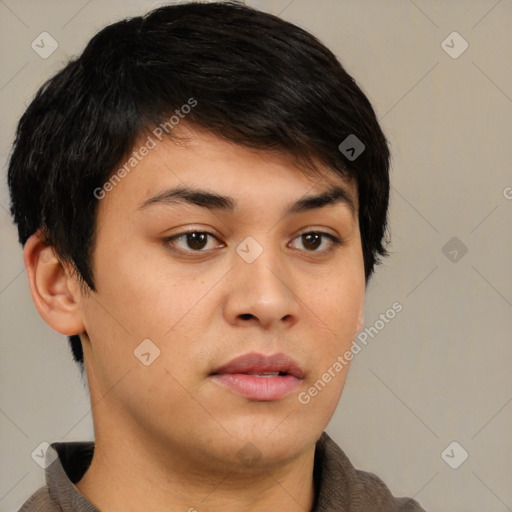 Neutral white young-adult female with short  brown hair and brown eyes