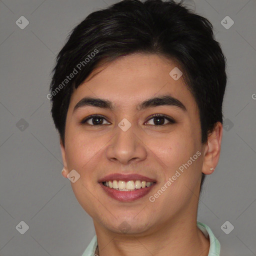 Joyful asian young-adult female with short  brown hair and brown eyes