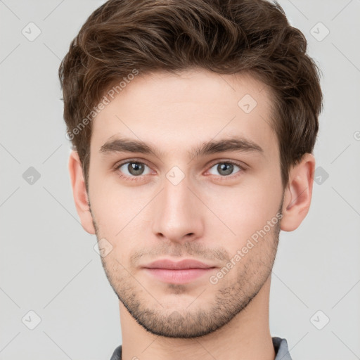 Neutral white young-adult male with short  brown hair and grey eyes