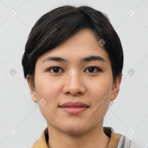 Joyful asian young-adult female with short  brown hair and brown eyes