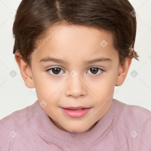 Joyful white child female with short  brown hair and brown eyes