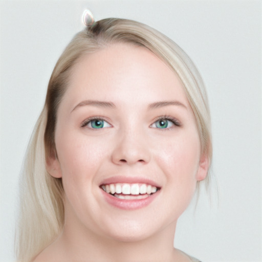 Joyful white young-adult female with medium  brown hair and blue eyes