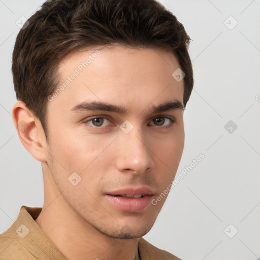 Neutral white young-adult male with short  brown hair and brown eyes