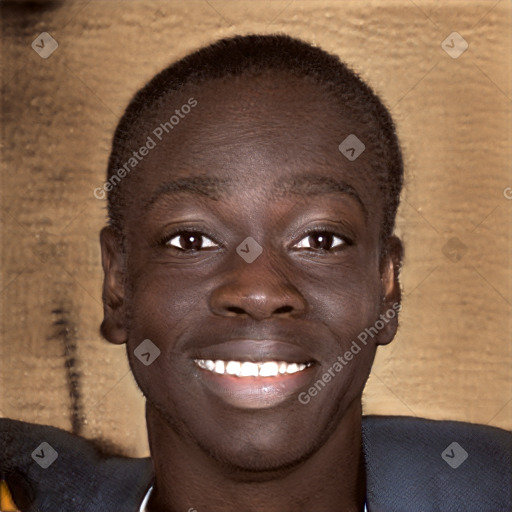 Joyful black young-adult male with short  brown hair and brown eyes