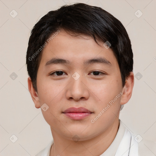 Neutral asian young-adult male with short  brown hair and brown eyes