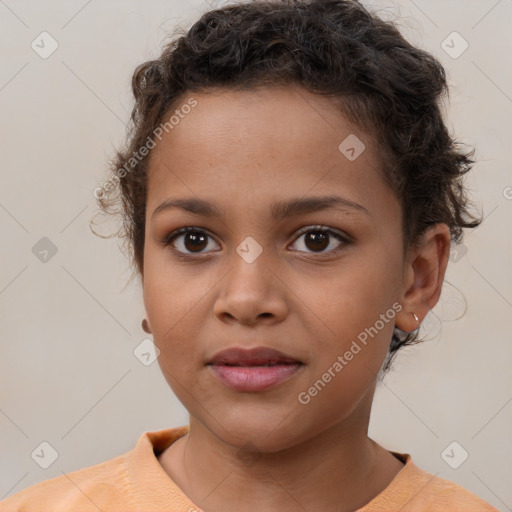 Joyful white child female with short  brown hair and brown eyes