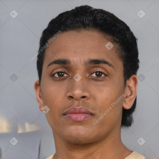 Neutral black young-adult male with short  black hair and brown eyes