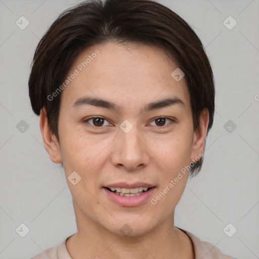 Joyful white young-adult female with short  brown hair and brown eyes