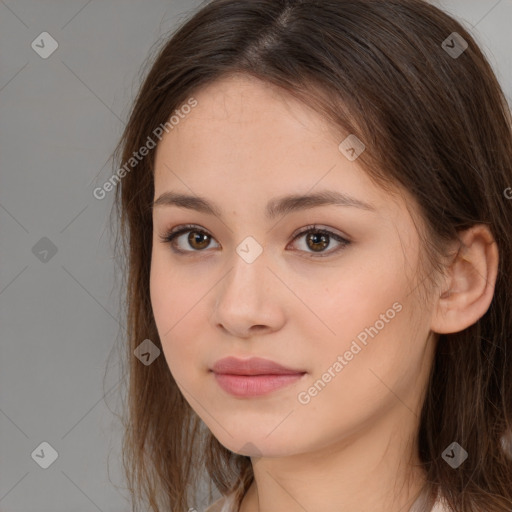 Neutral white young-adult female with long  brown hair and brown eyes